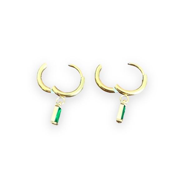 14K Gold and Emerald Hoop Drop Earrings - Picture 2 of 2